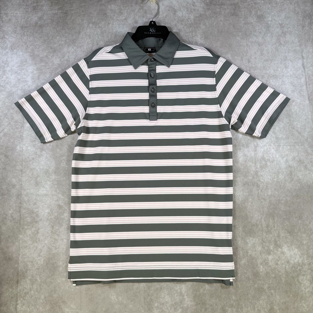 FootJoy Shirt Men Small‎ Gray Pink White Striped Golf Polo Stretch Performance
